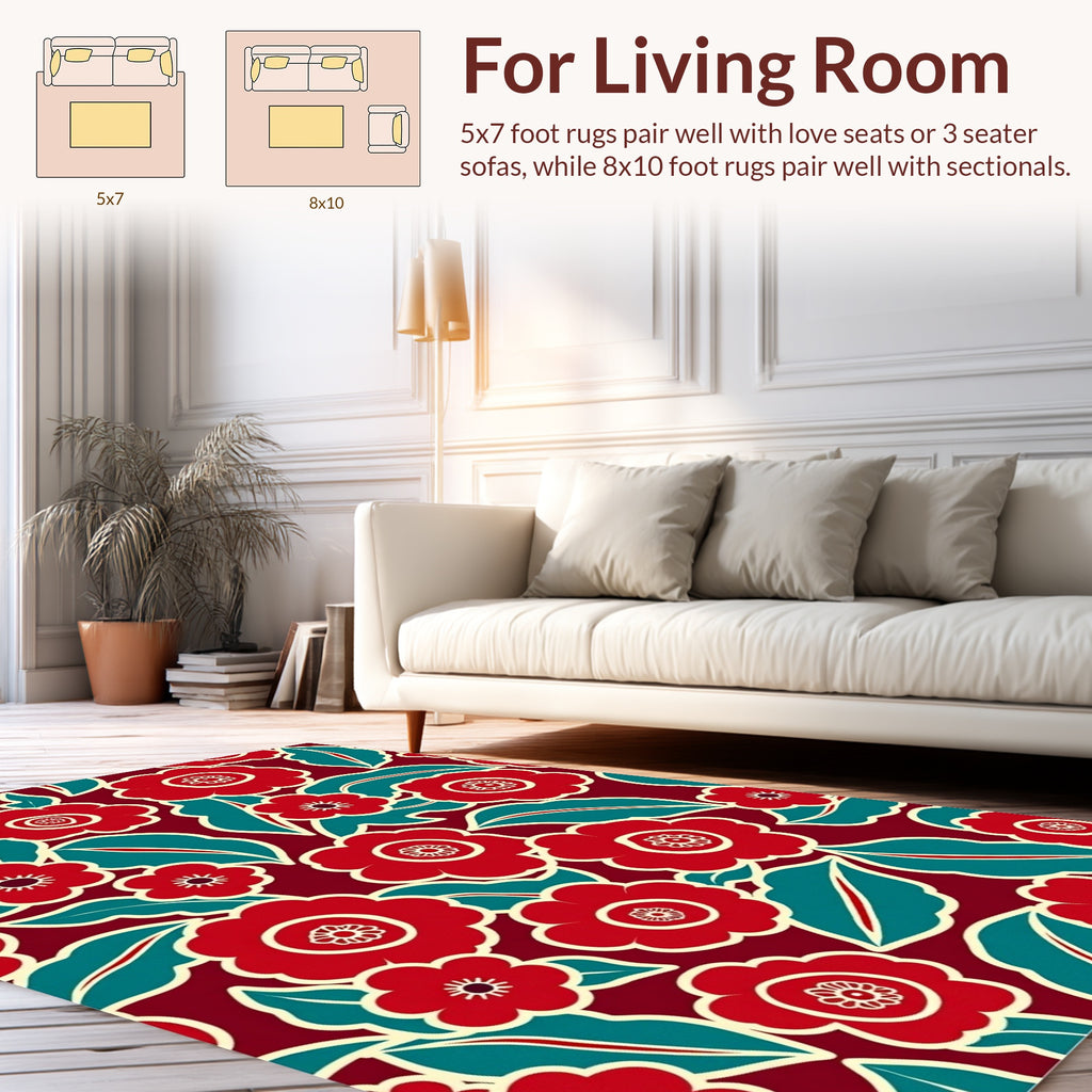Bold Floral Pattern Red Teal Cream Rug