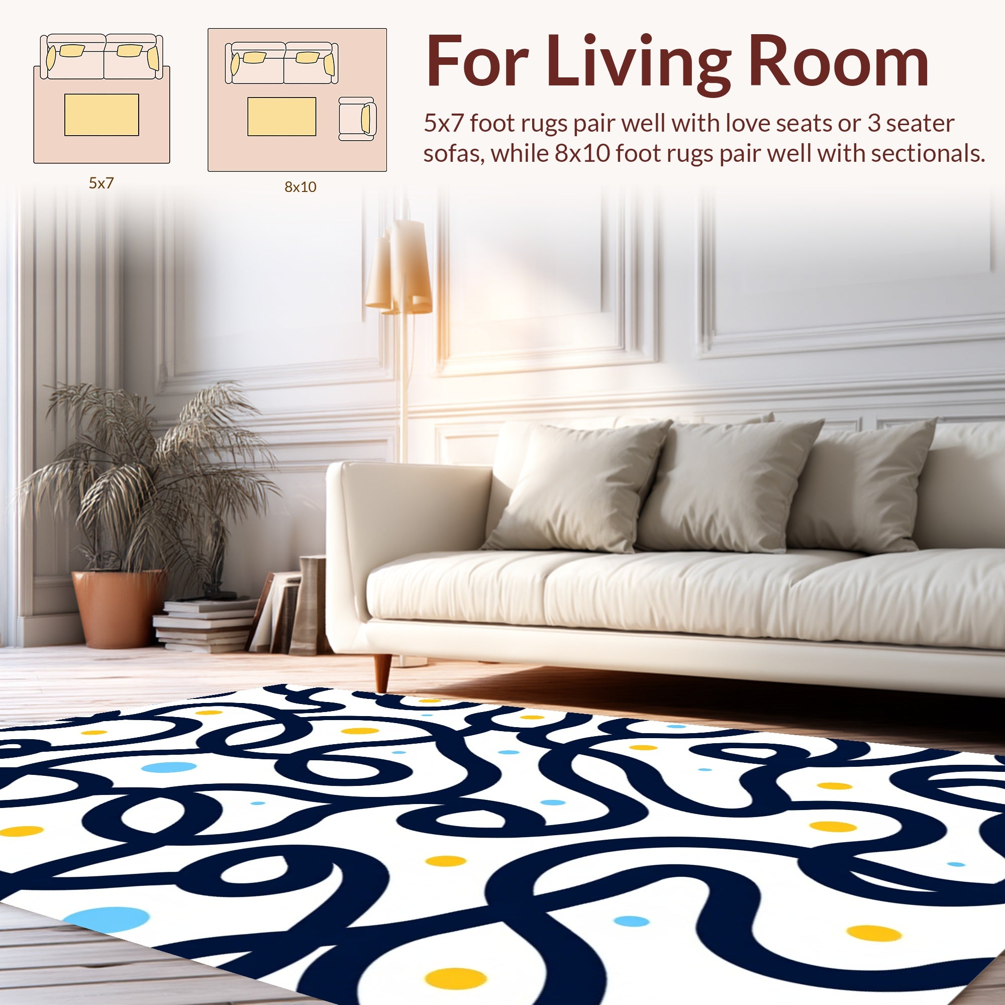 Abstract Navy Swirls With Yellow Dots Rug