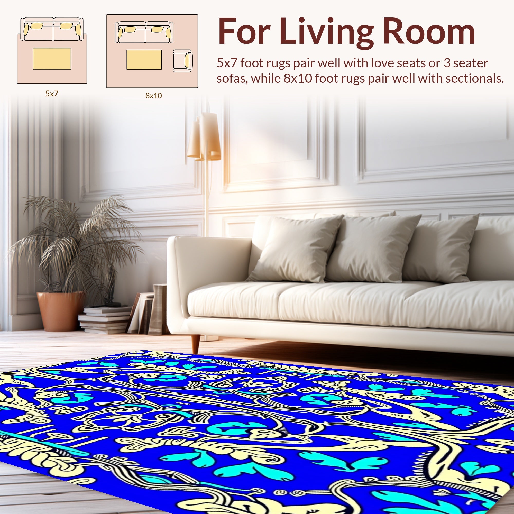 Elaborate Floral Swirls Blue Cream Rug