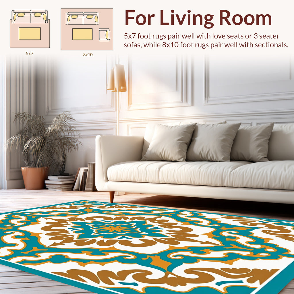 Ornate Teal And Gold Floral Pattern Rug