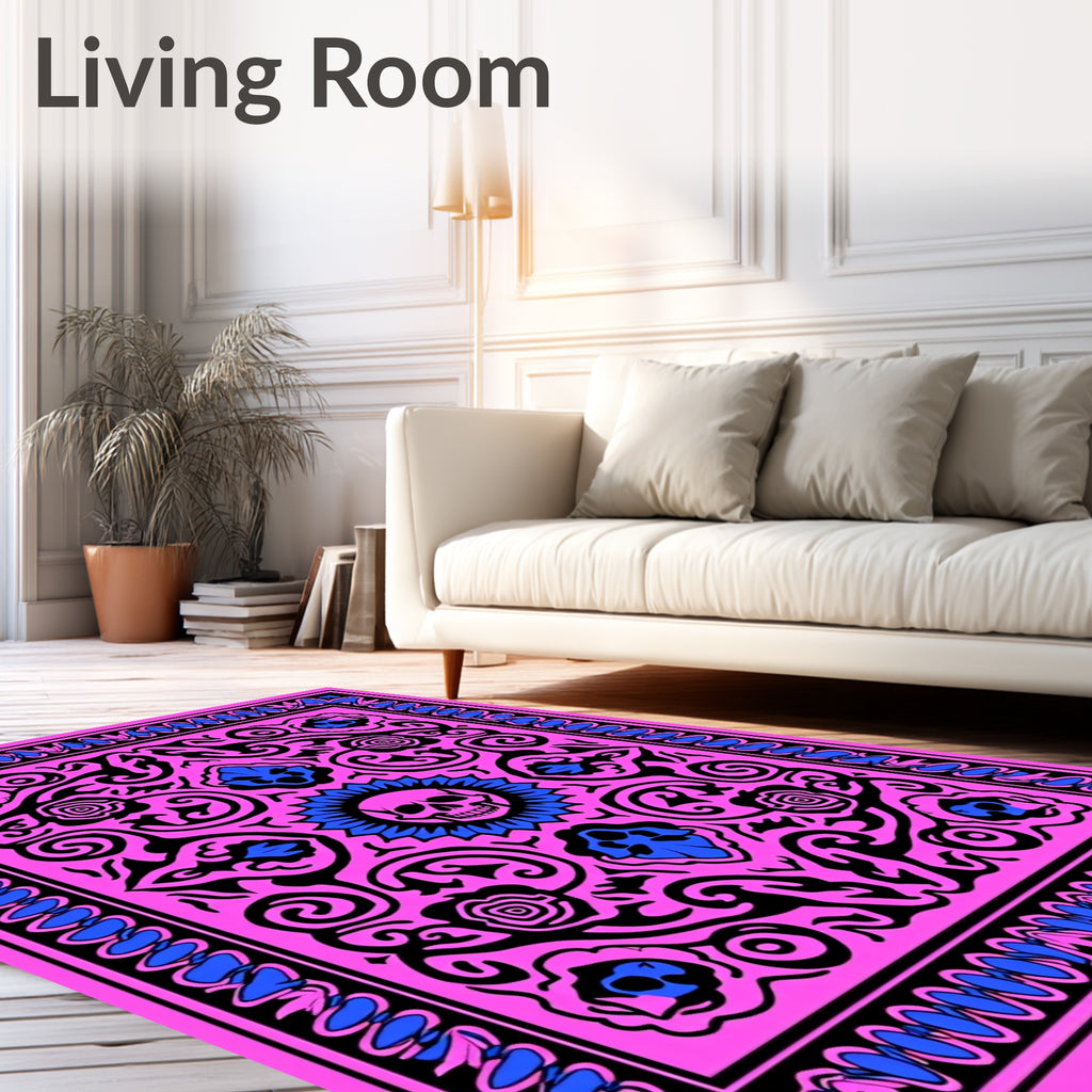 Bold Pink Skull Floral Border Rug