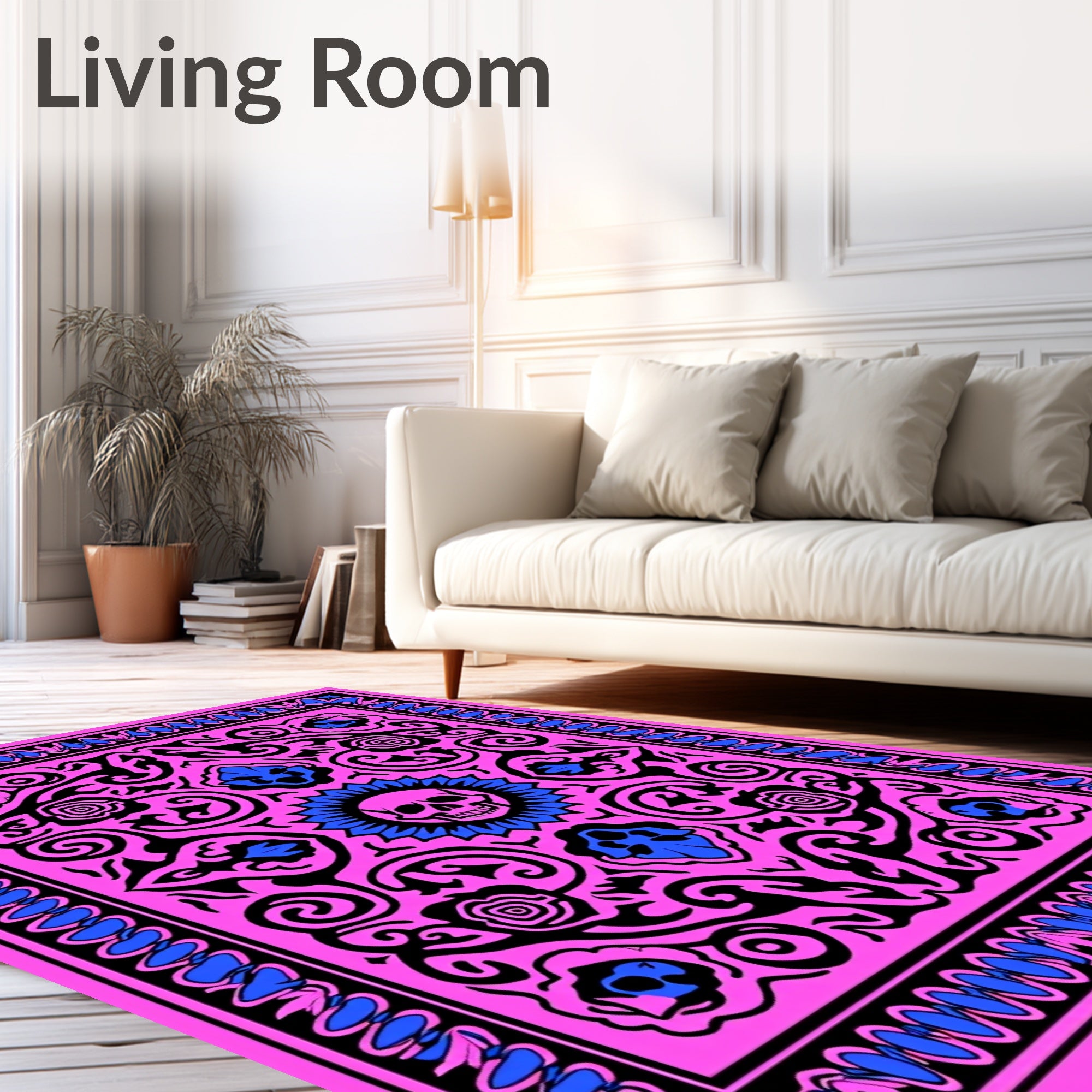 Bold Pink Skull Floral Border Rug