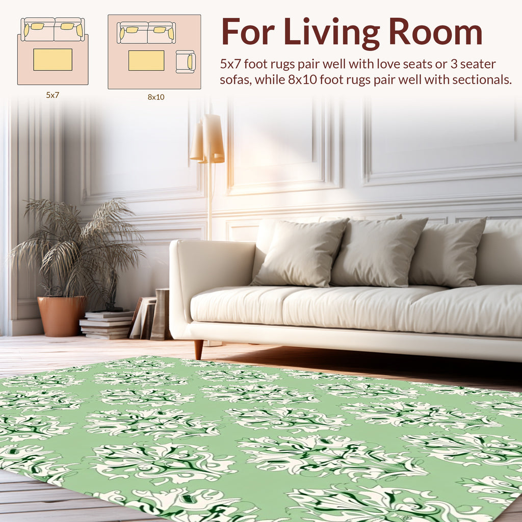 Emerald Green Floral Damask Design Rug