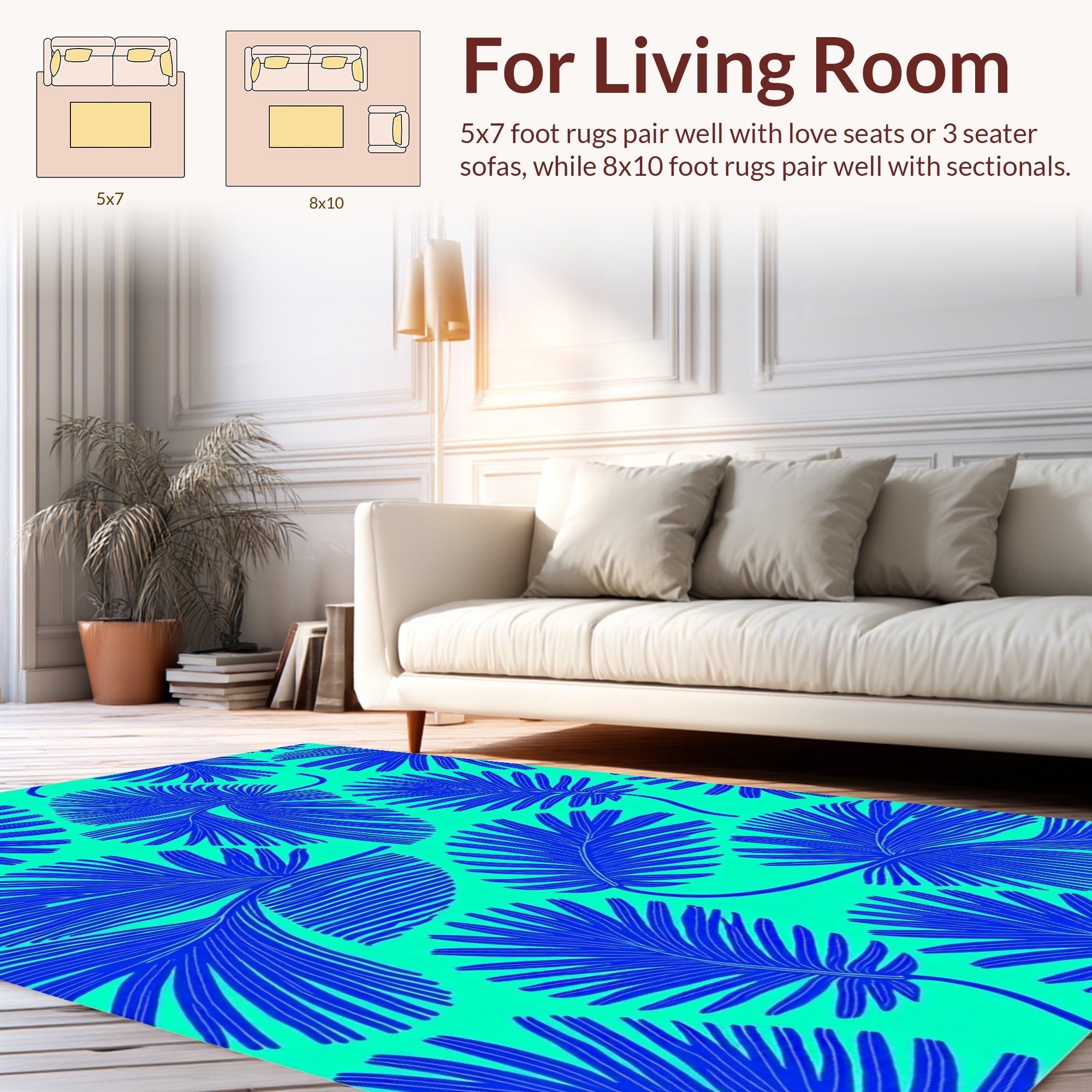 Bold Blue Palm Leaf Pattern Rug