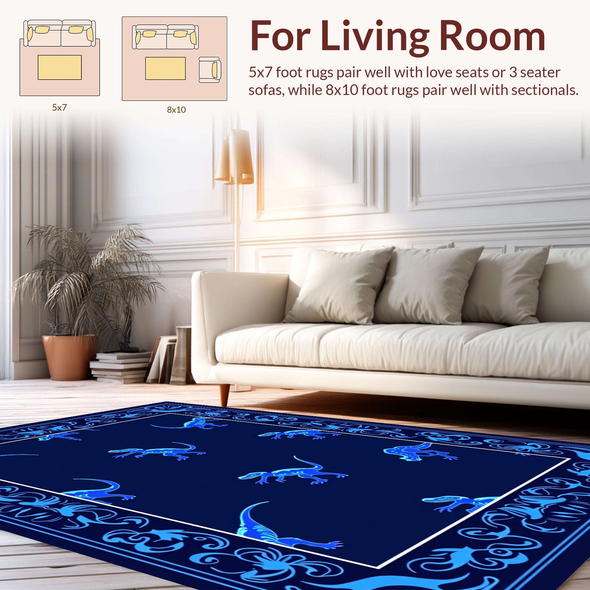 Blue Dinosaur Patterned Blue Border Rug