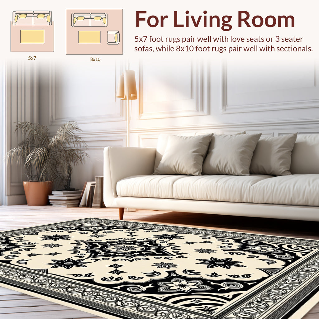 Vintage Floral Medallion Black Cream Rug
