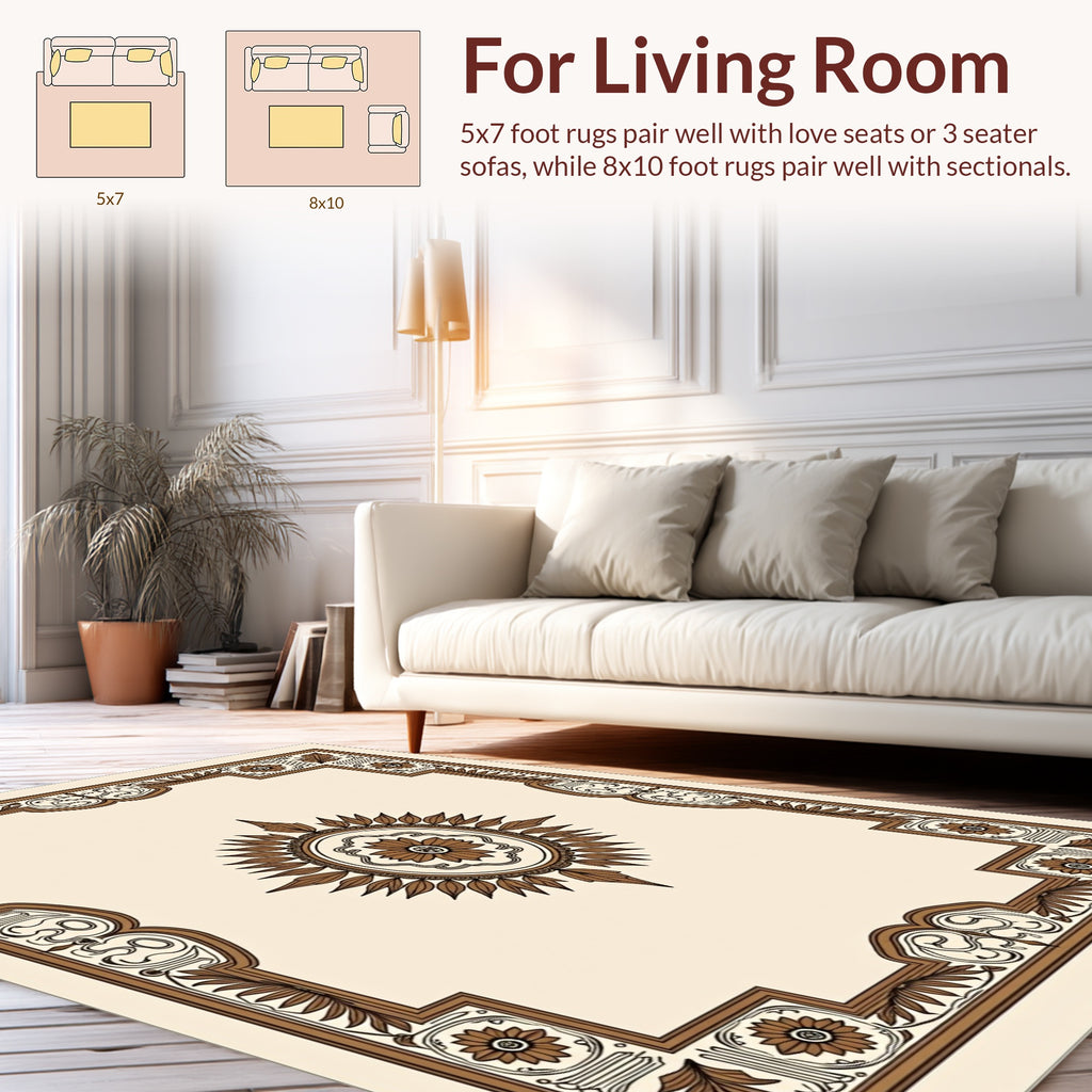 Brown Floral Medallion Geometric Border Rug