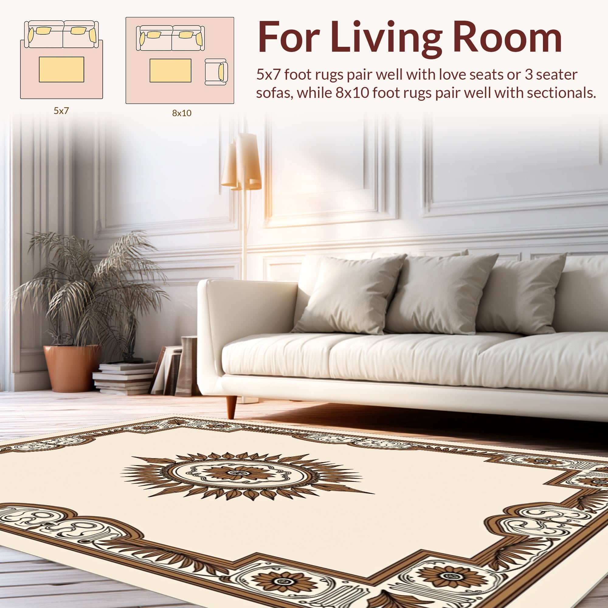 Brown Floral Medallion Geometric Border Rug