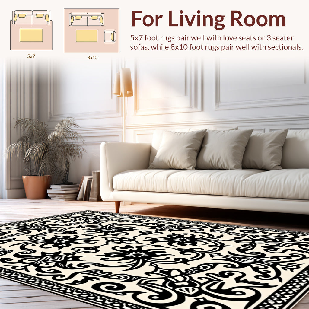 Ornate Black Floral Scrolls Pattern Rug