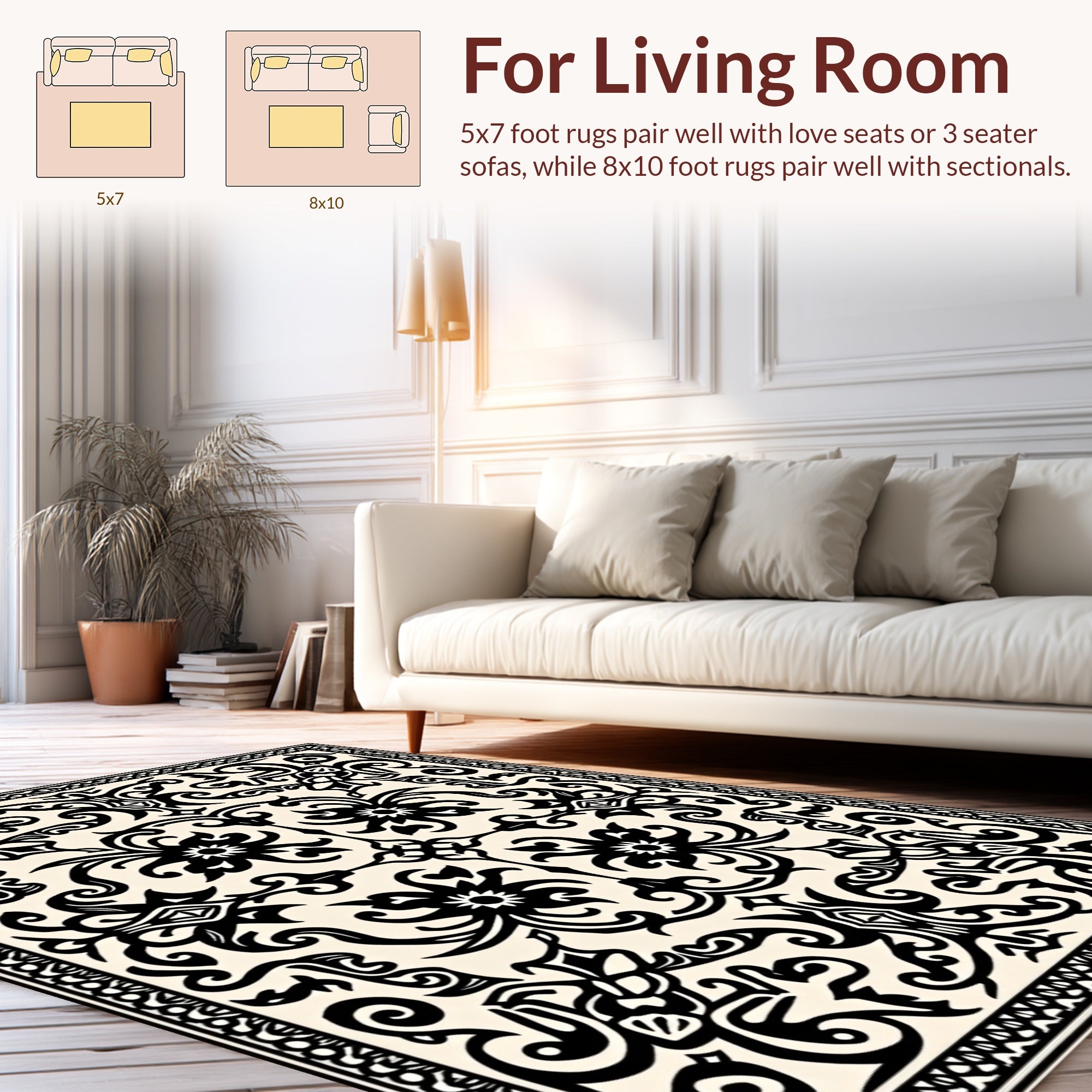 Ornate Black Floral Scrolls Pattern Rug