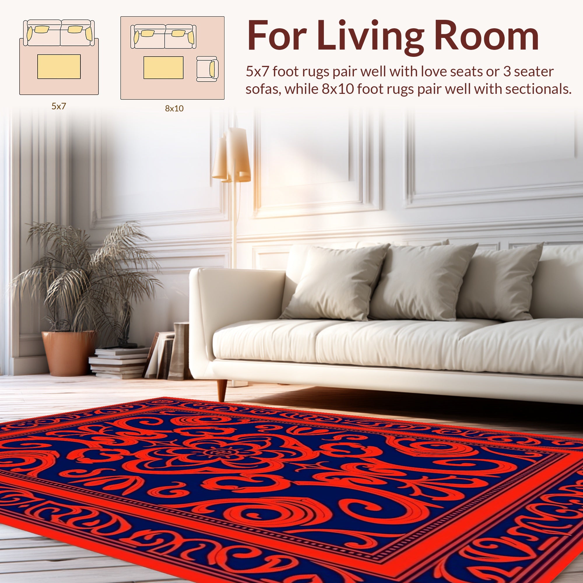 Ornate Red Blue Floral Scroll Design Rug
