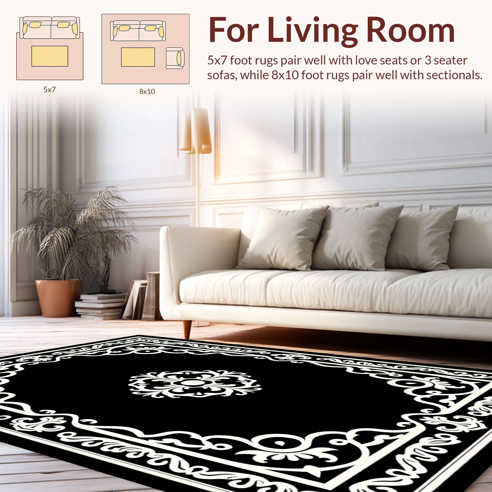 Black White Ornate Scroll Pattern Rug