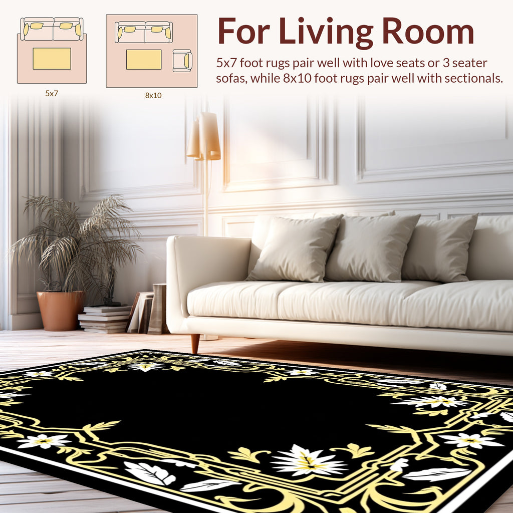 Golden Floral Frame with Petal Accents Rug