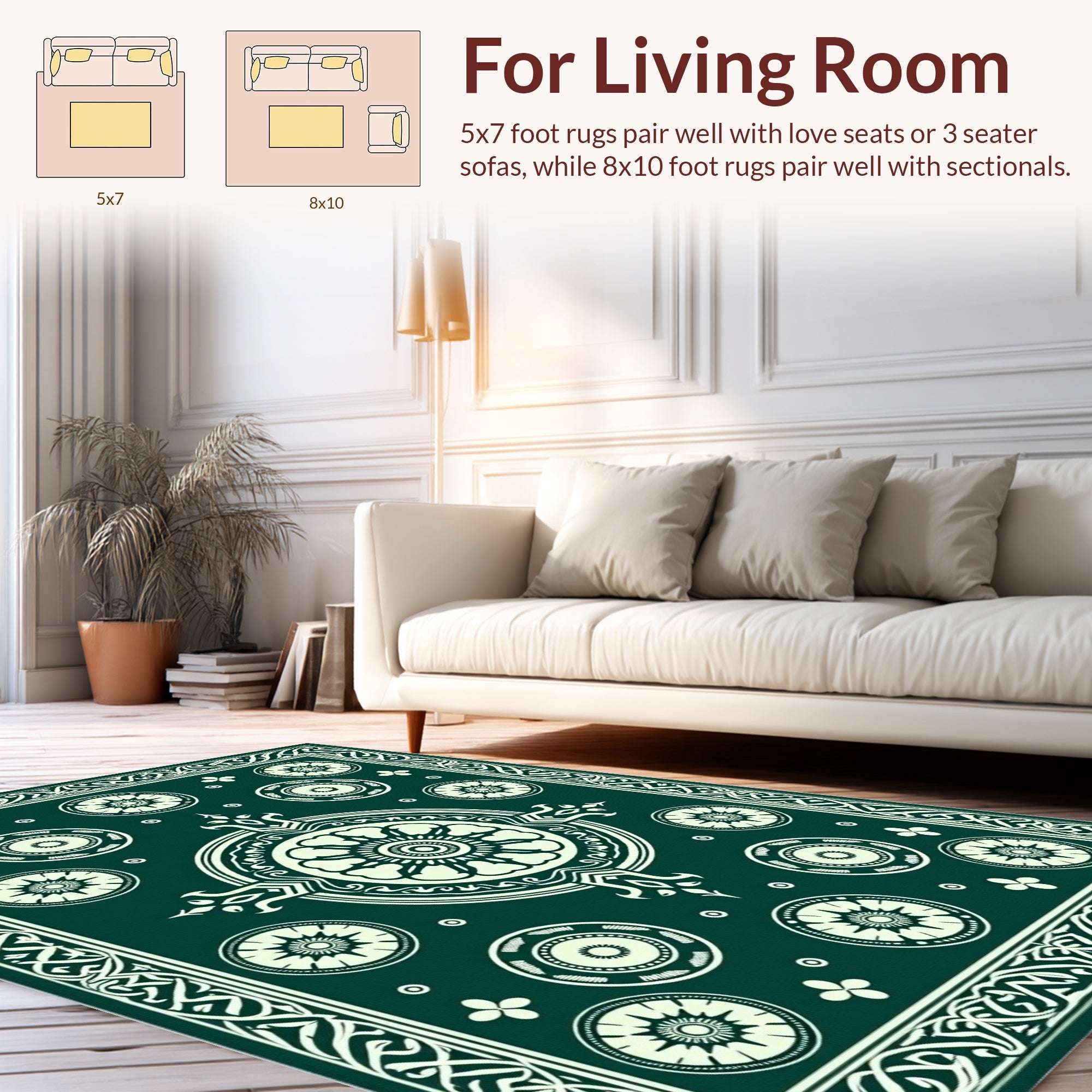 Emerald Ivory Mandala Circle Pattern Rug