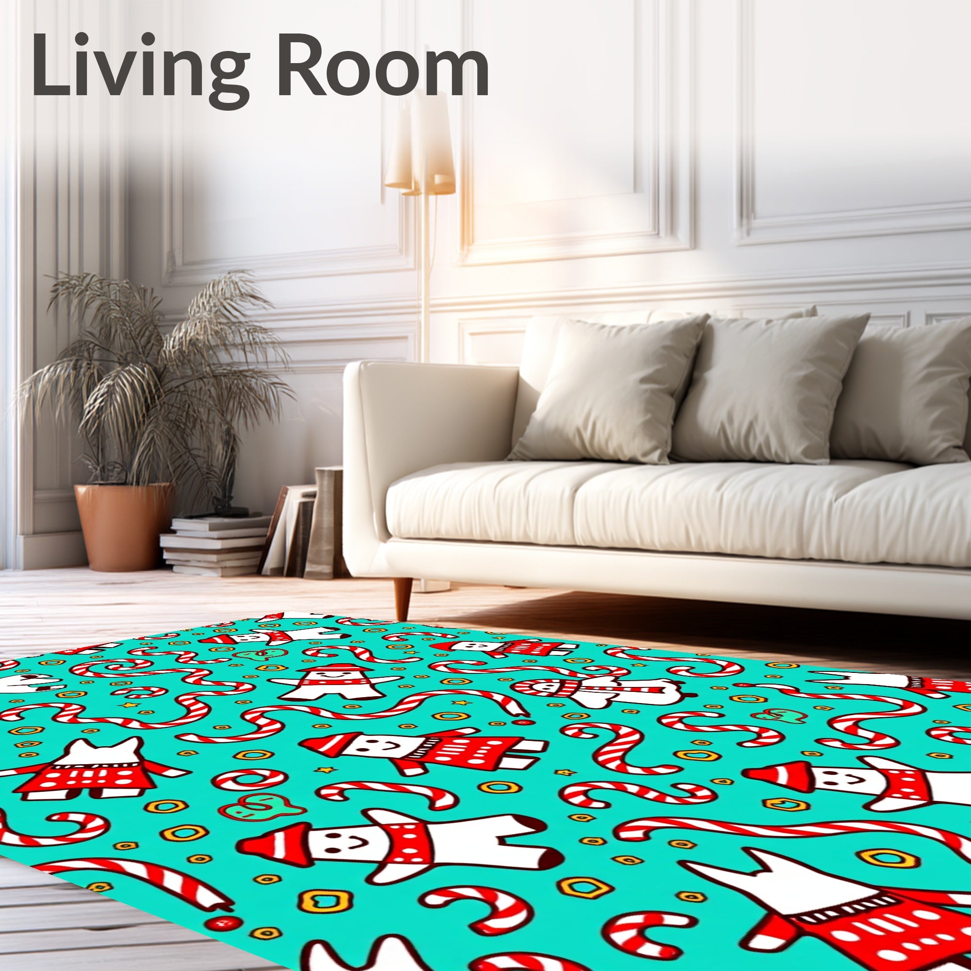 Festive Teal Snowman Candy Cane Christmas Rug