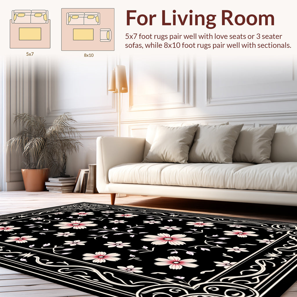Elegant Floral Bordered Black Design Rug