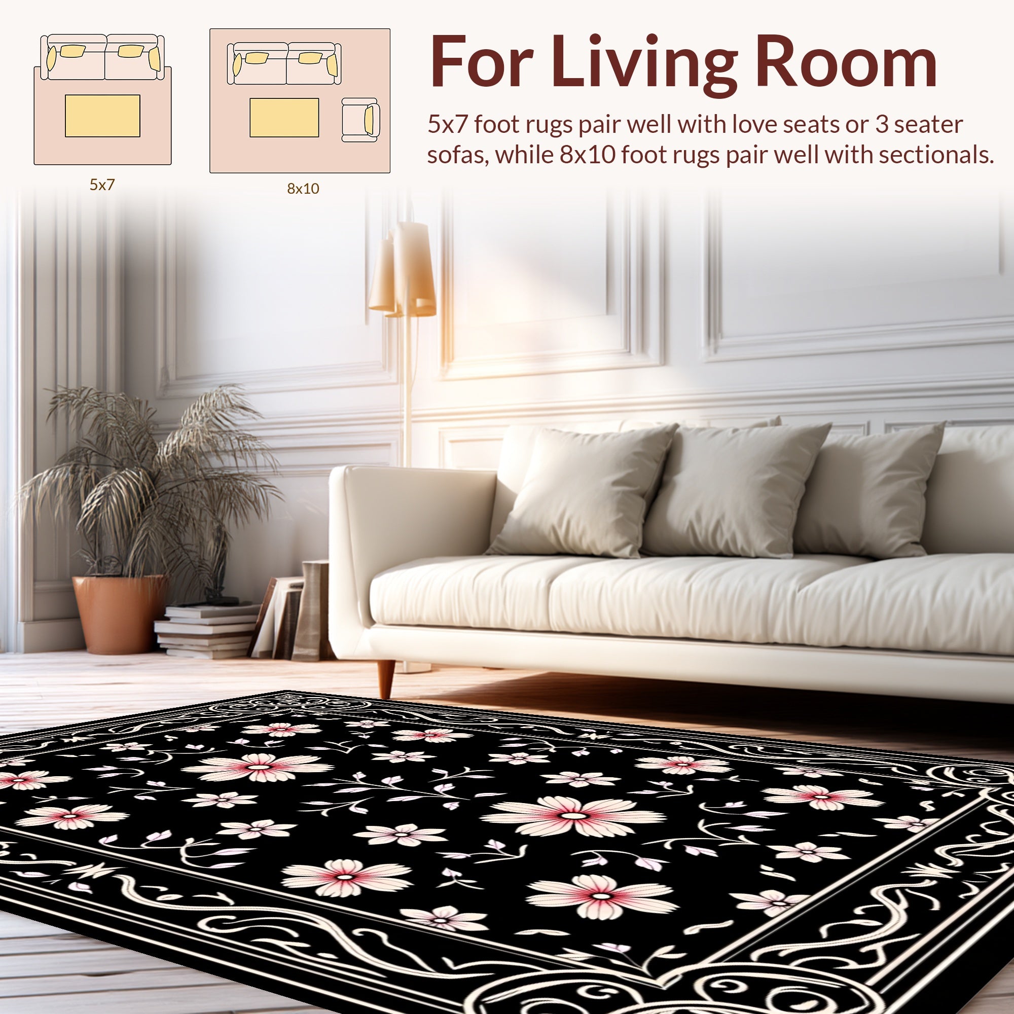 Elegant Floral Bordered Black Design Rug