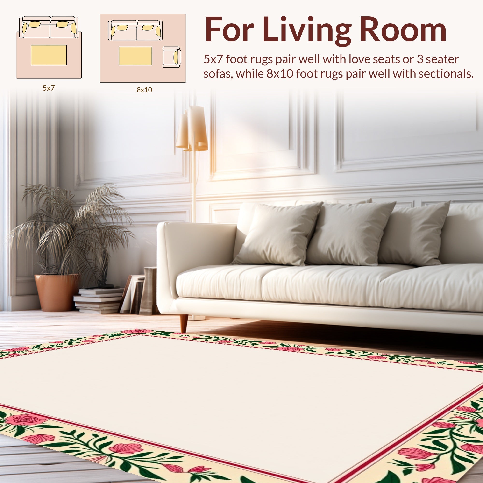 Floral Vine Patterned Border Design Rug