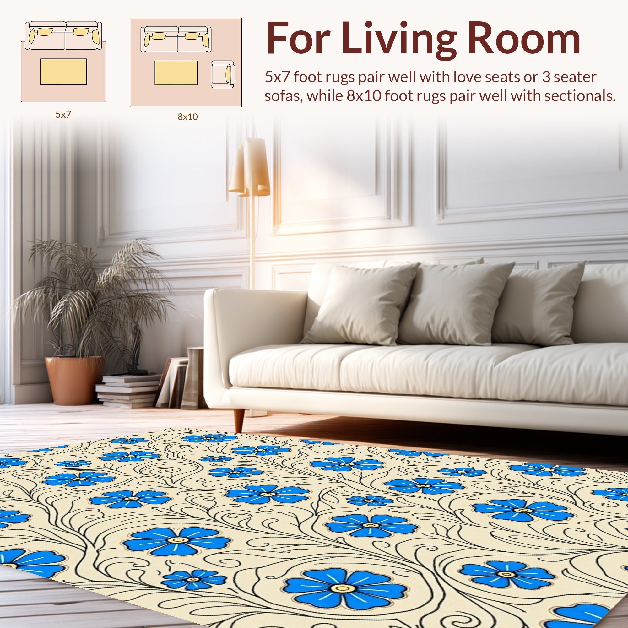 Blue Floral Swirls Patterned Rug