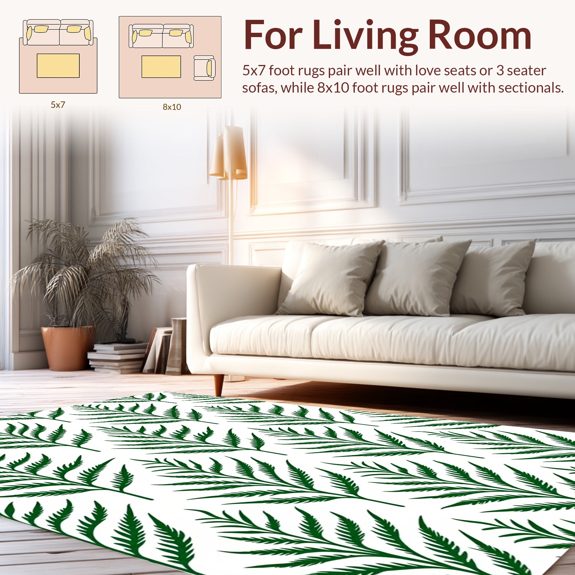 Deep Green Fern Leaf Pattern Rug