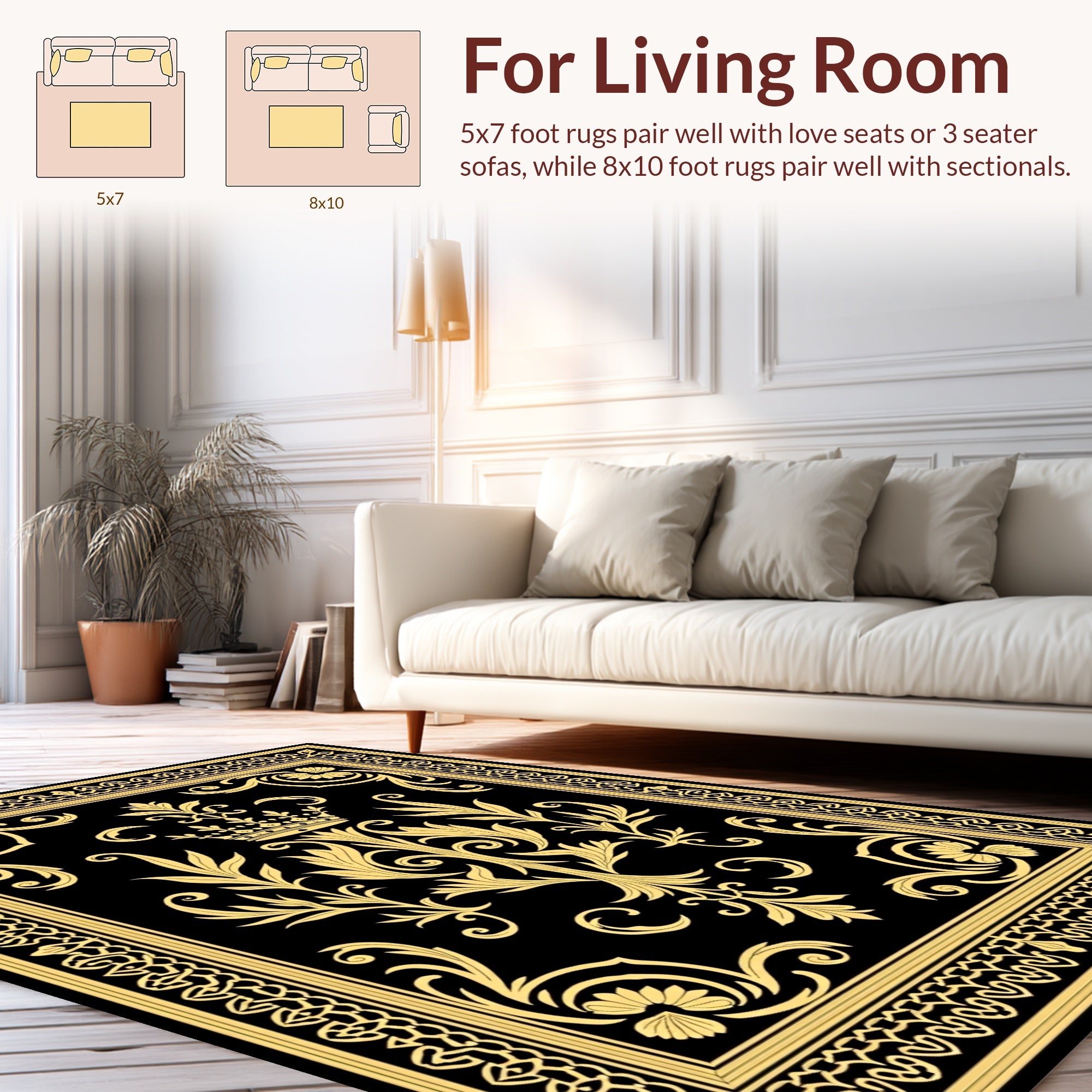 Regal Black Gold Floral Crown Design Rug