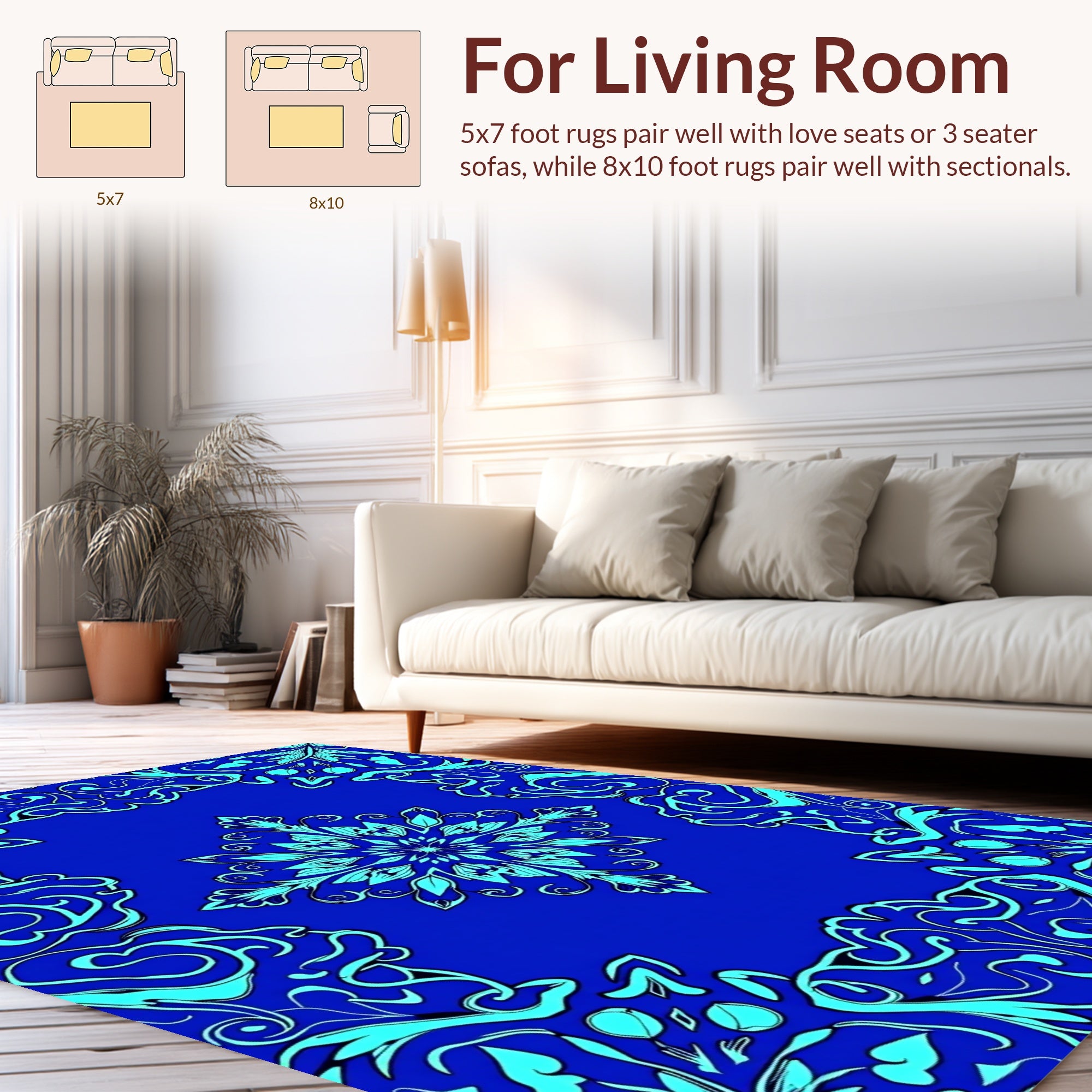 Ornate Floral Scrolls Blue Rug