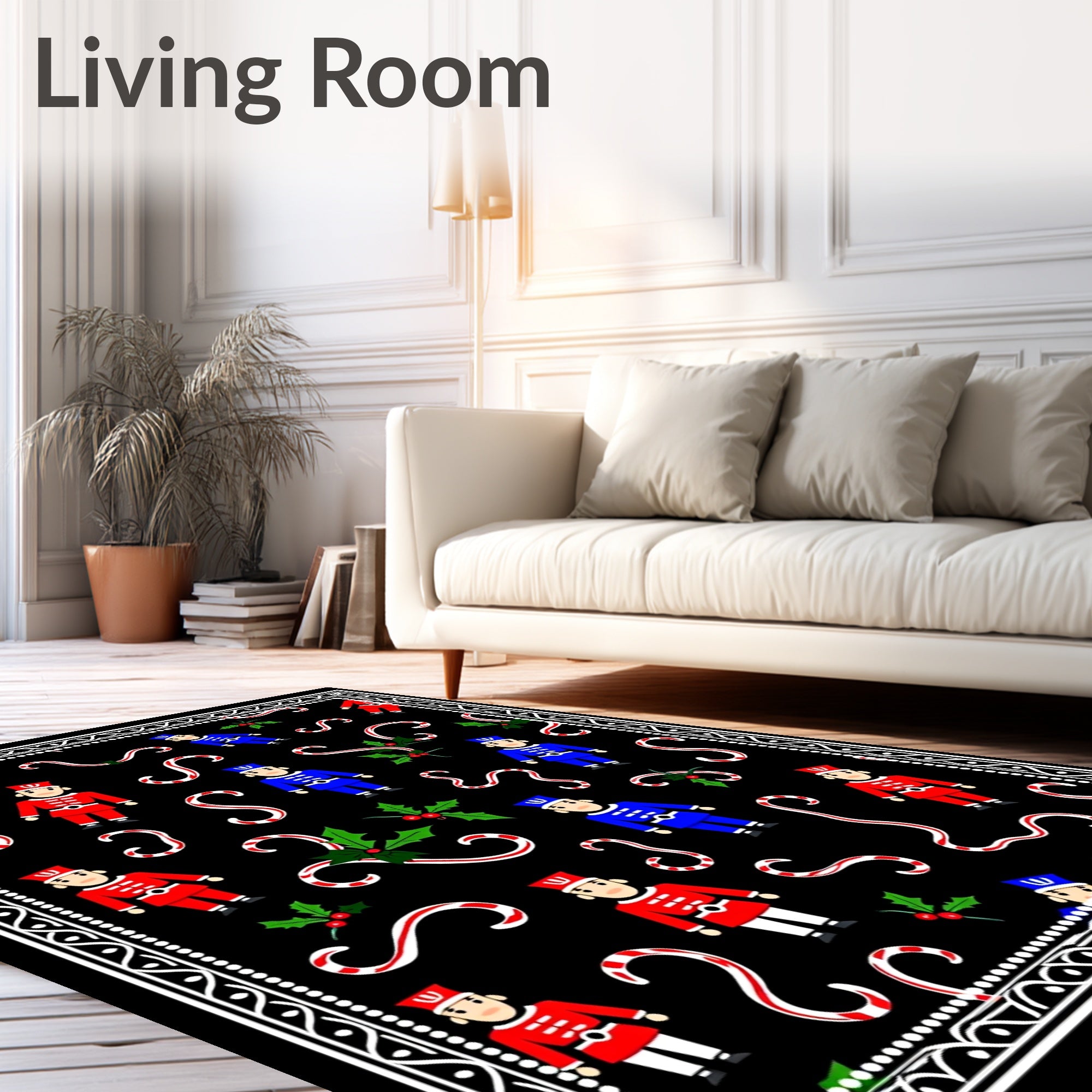 Festive Nutcracker Candy Cane Holly Border Rug