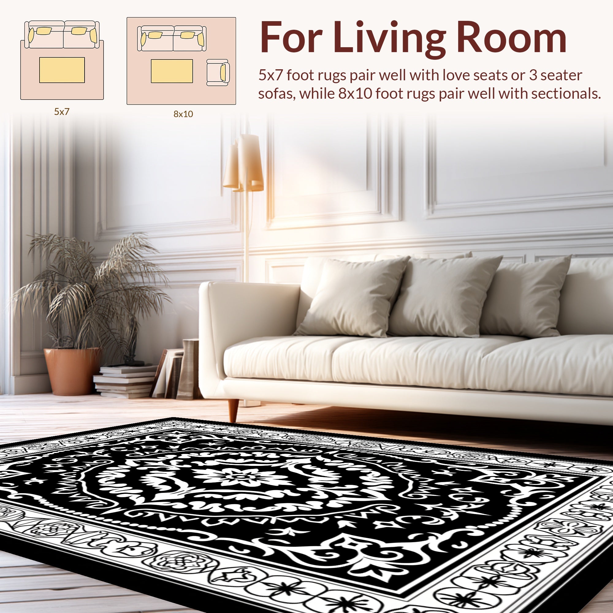 Classic Black White Floral Mandala Rug
