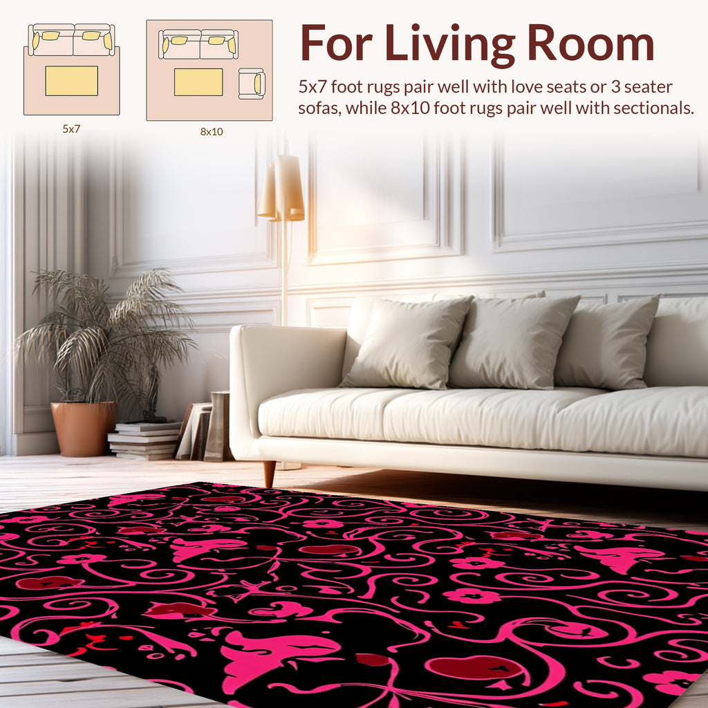 Whimsical Black Pink Floral Swirl Design Rug