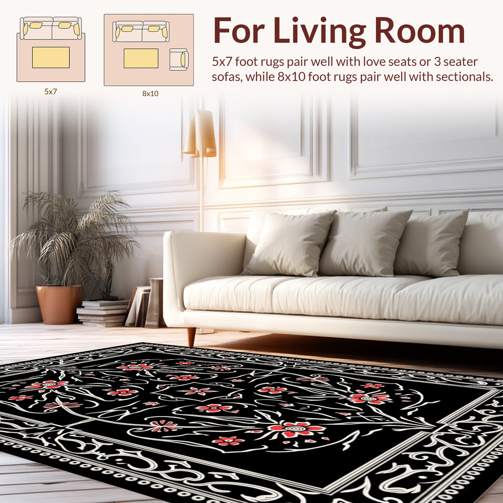 Black Art Nouveau Floral Design Rug