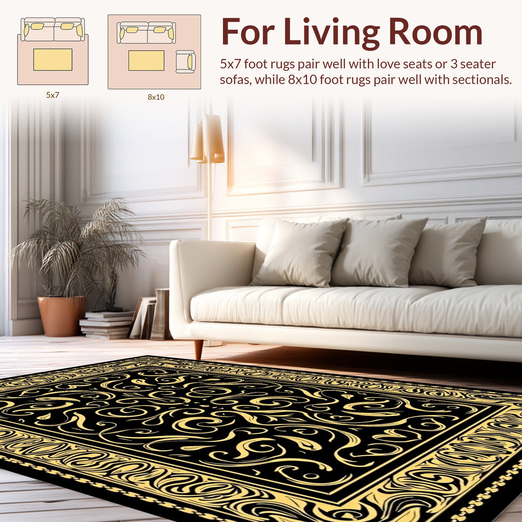 Ornate Abstract Golden Swirl Pattern Rug