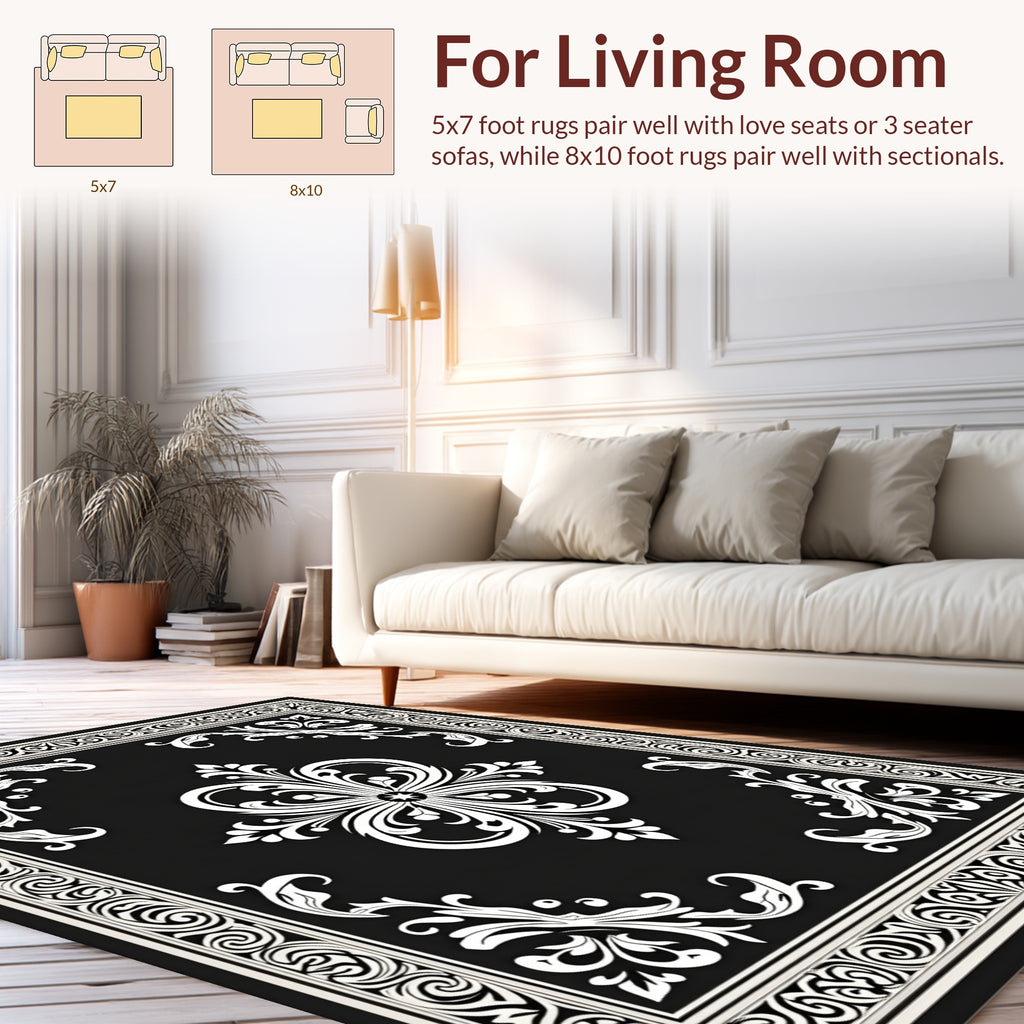 Elegant Black White Damask Floral Rug