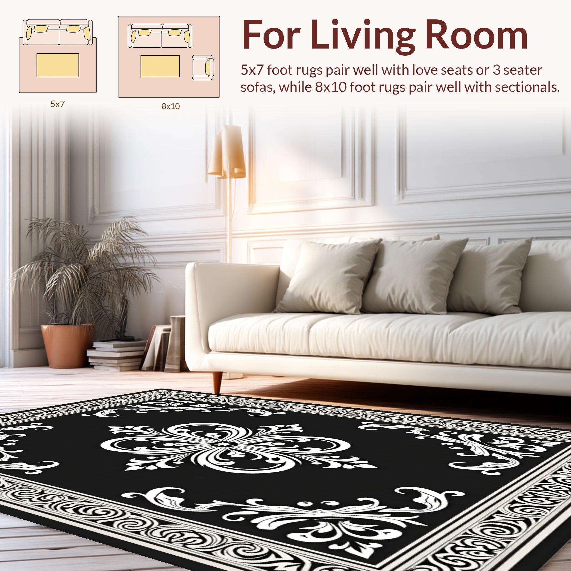 Elegant Black White Damask Floral Rug