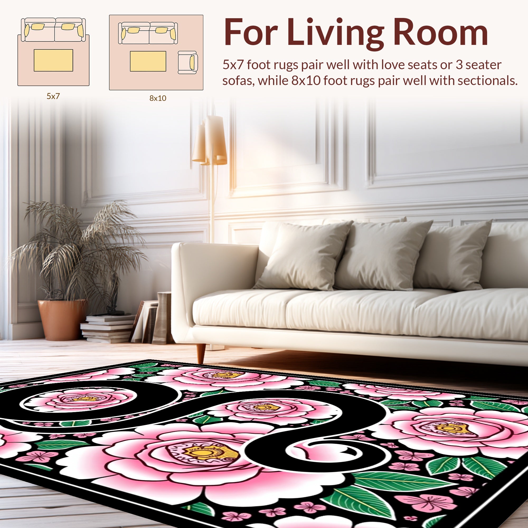 Bold Floral Swirl Pink Black Rug