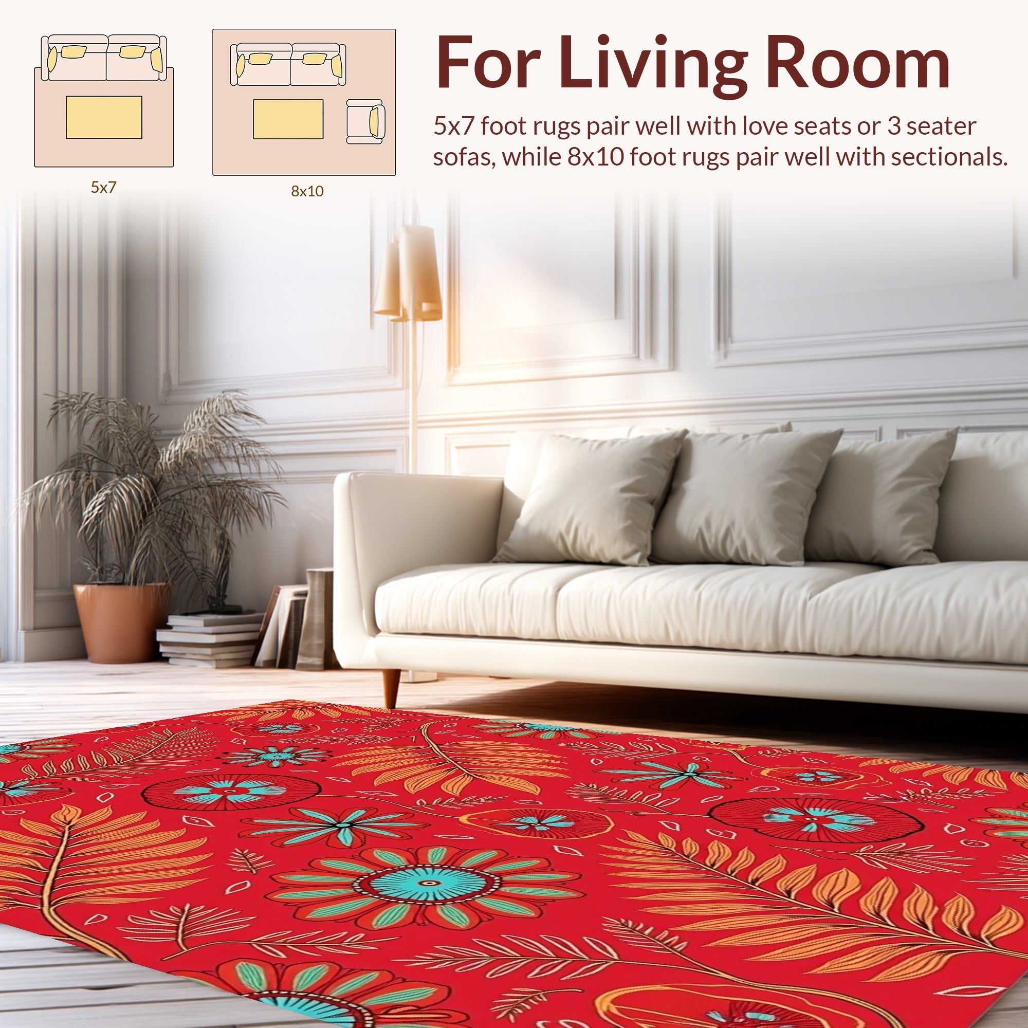 Vibrant Red Floral Fern Pattern Rug