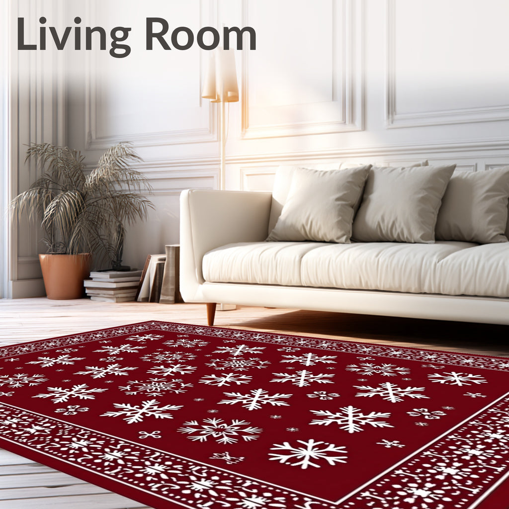 Deep Red Snowflake Wonderland Border Rug