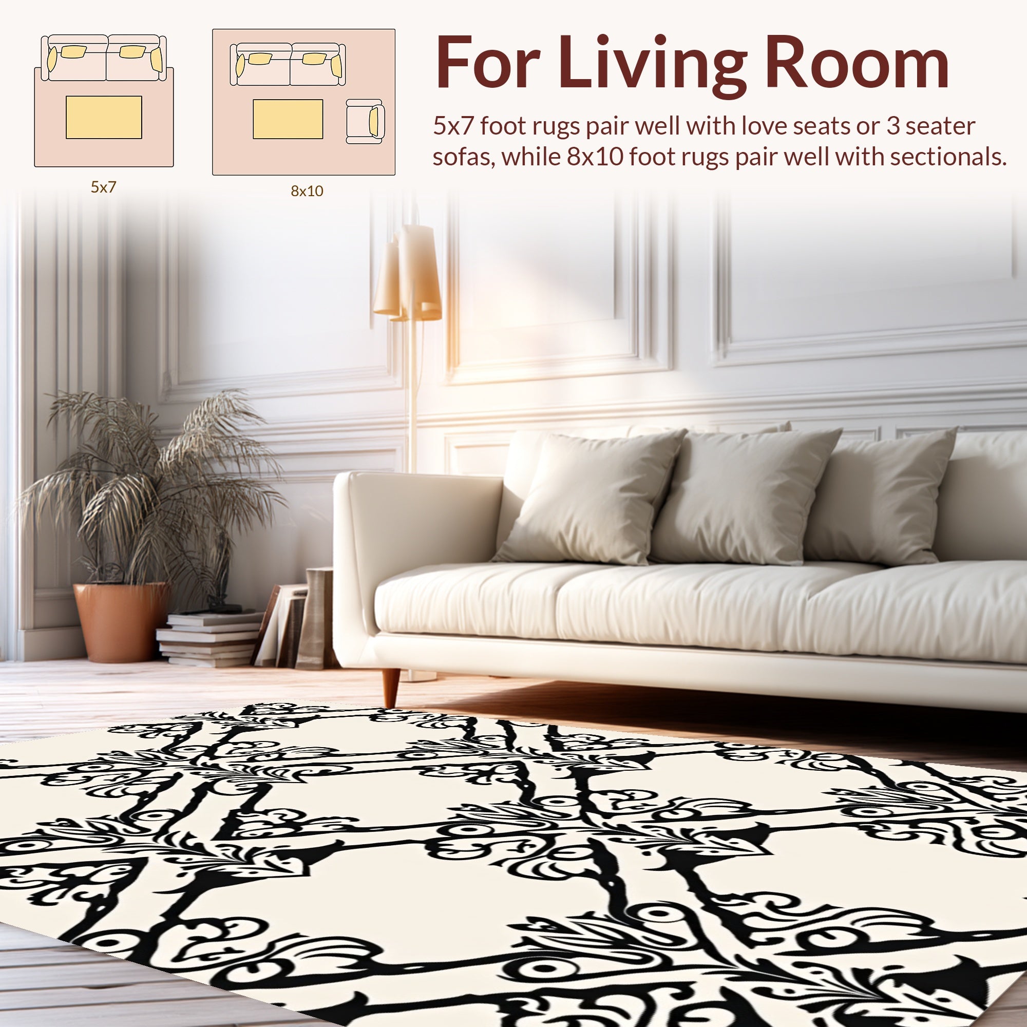 Classic Black White Scrolling Damask Pattern Rug