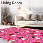 Whimsical Red Mushroom Characters Pink Background Rug
