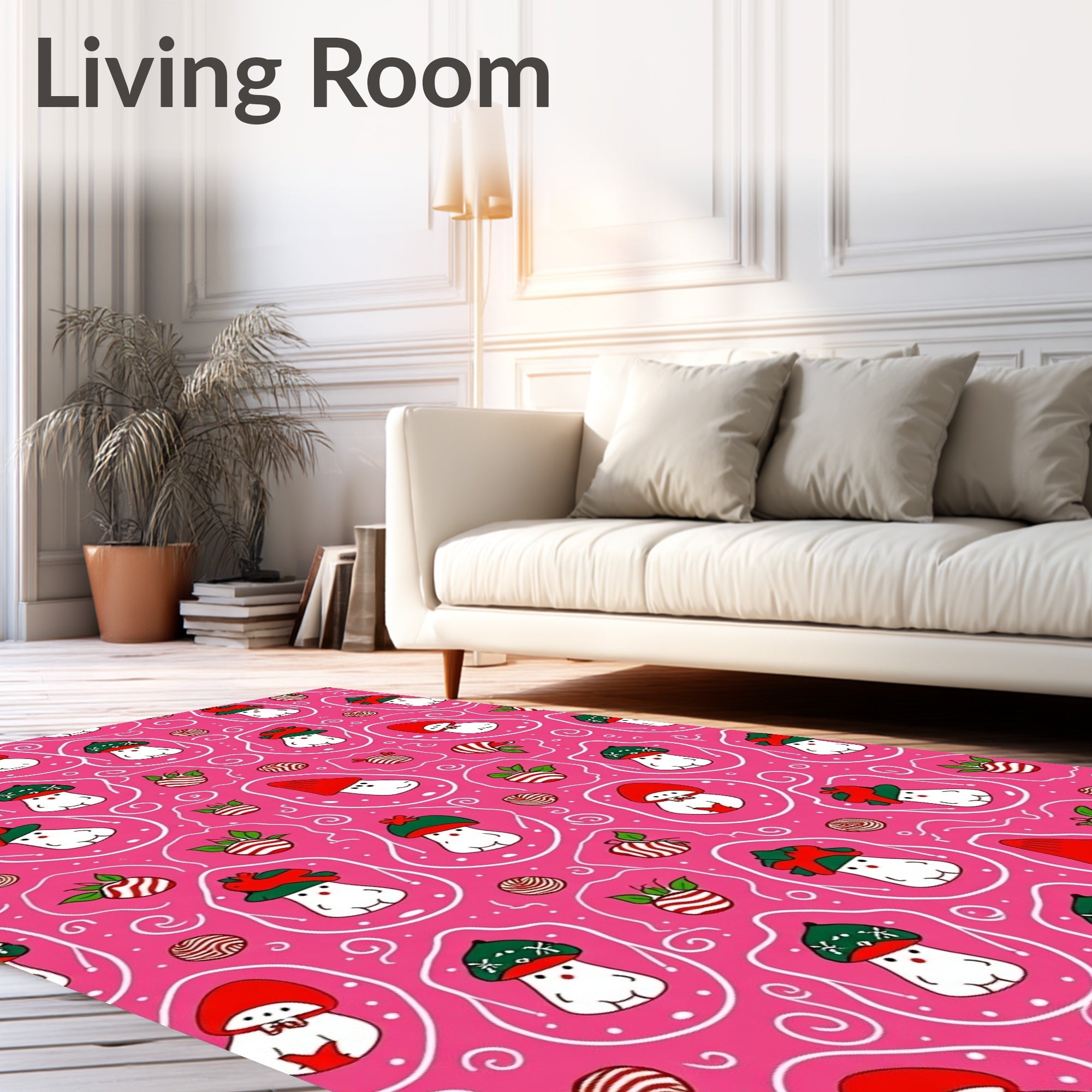 Whimsical Red Mushroom Characters Pink Background Rug
