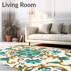 Ornate Turquoise Gold Floral Design Rug