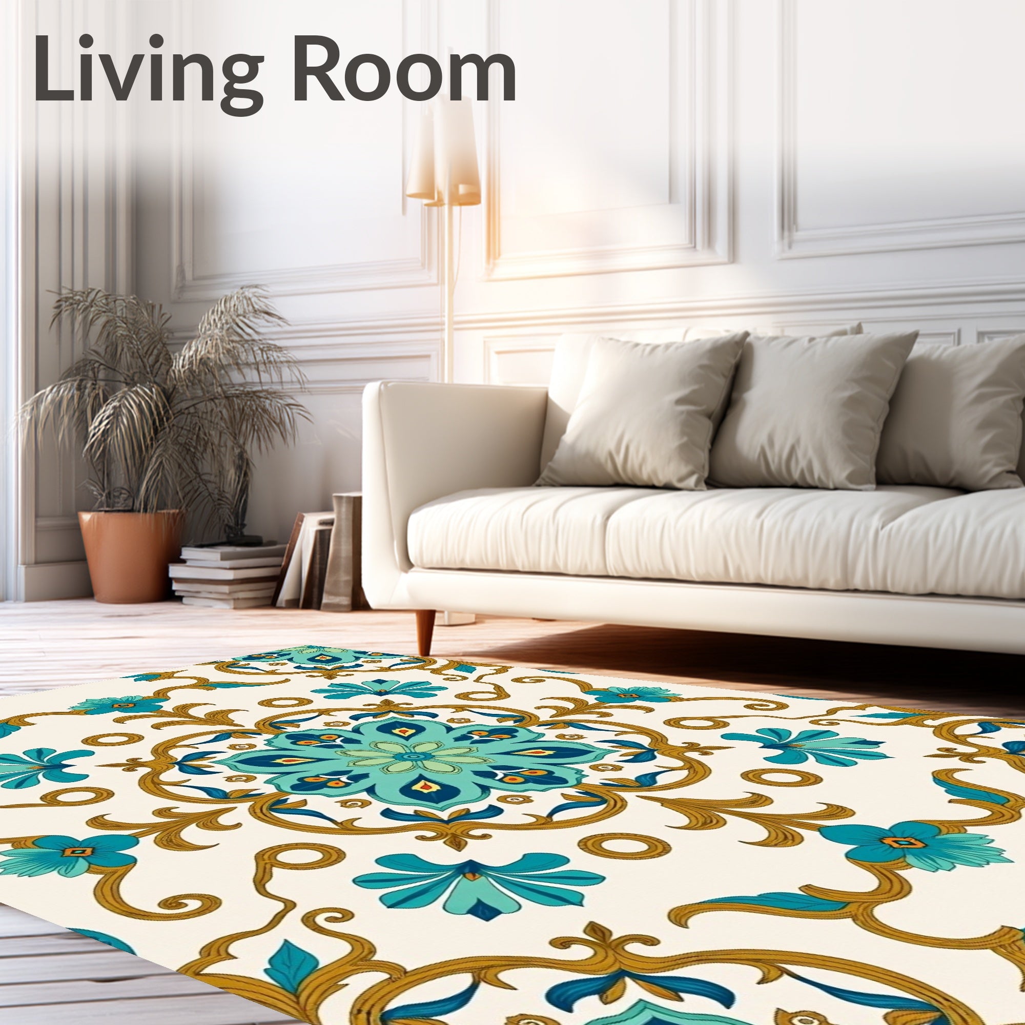 Ornate Turquoise Gold Floral Design Rug