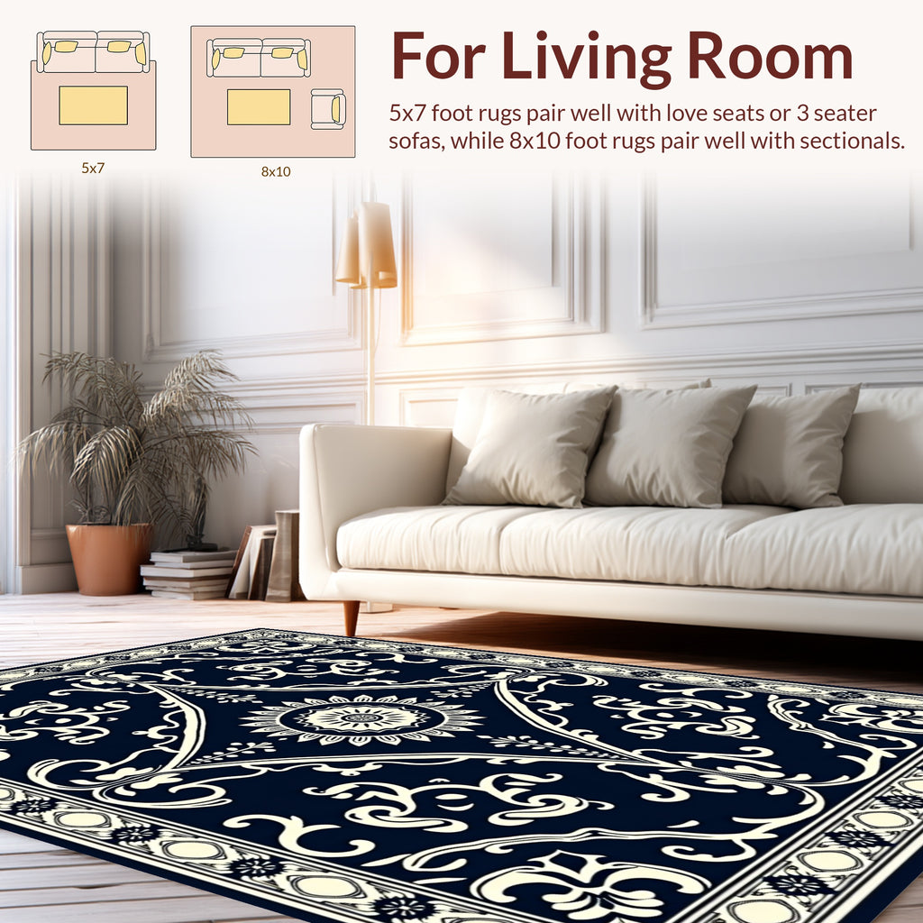 Navy Ivory Floral Scroll Design Rug