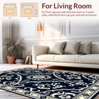 Navy Ivory Floral Scroll Design Rug