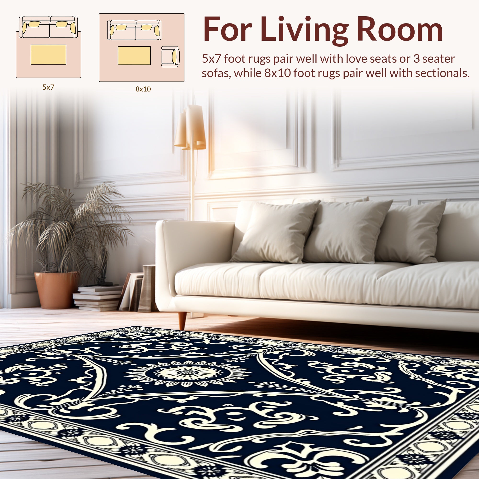 Navy Ivory Floral Scroll Design Rug