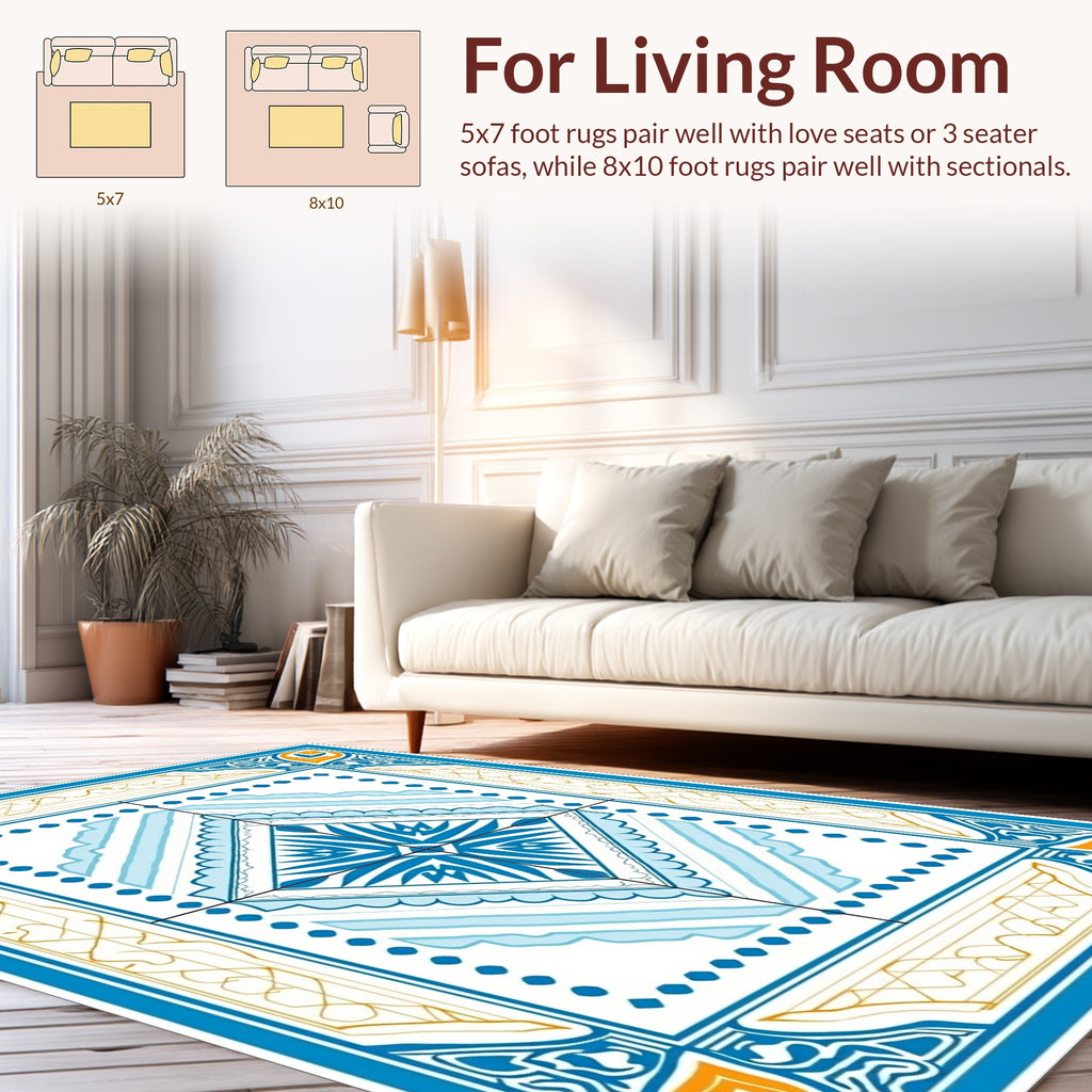 Ornate Blue Gold Deco Pattern Rug