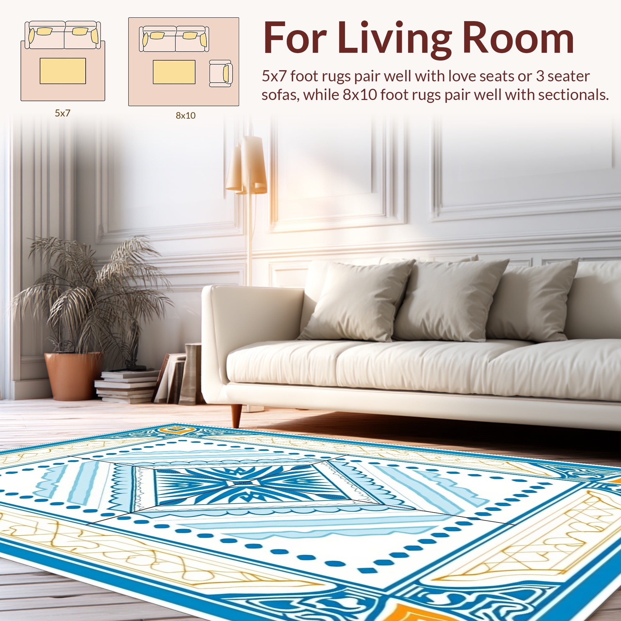 Ornate Blue Gold Deco Pattern Rug
