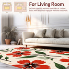 Red Floral Pattern With Green Leaves Rug