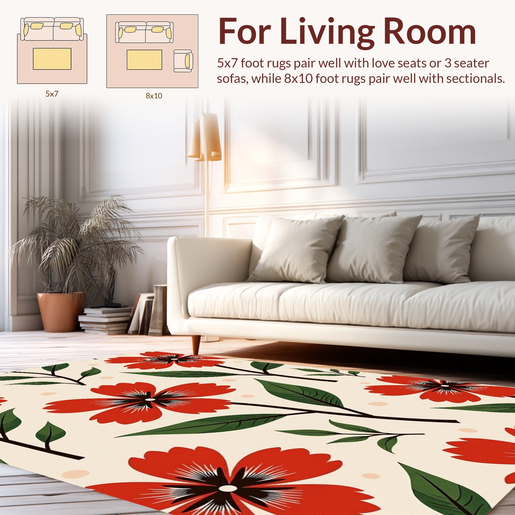 Red Floral Pattern With Green Leaves Rug
