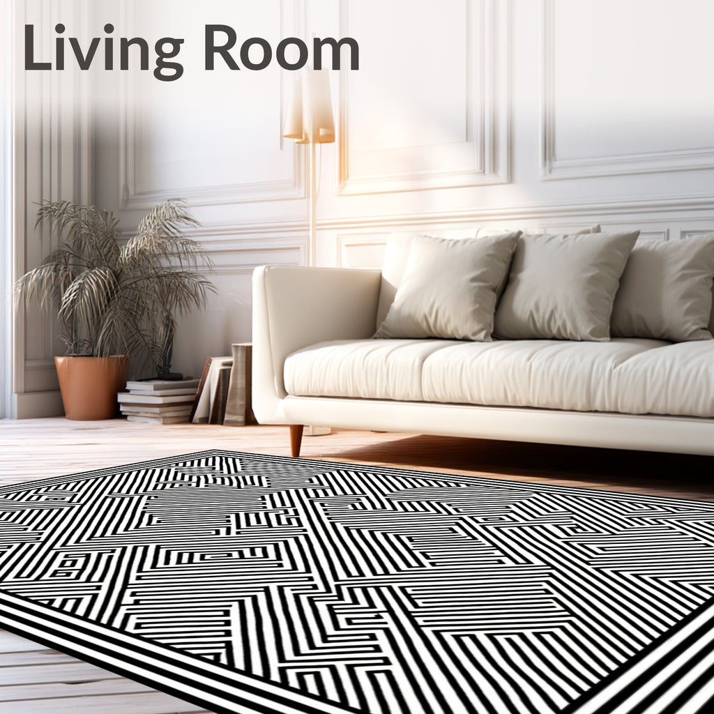 Black White Abstract Maze Pattern Rug