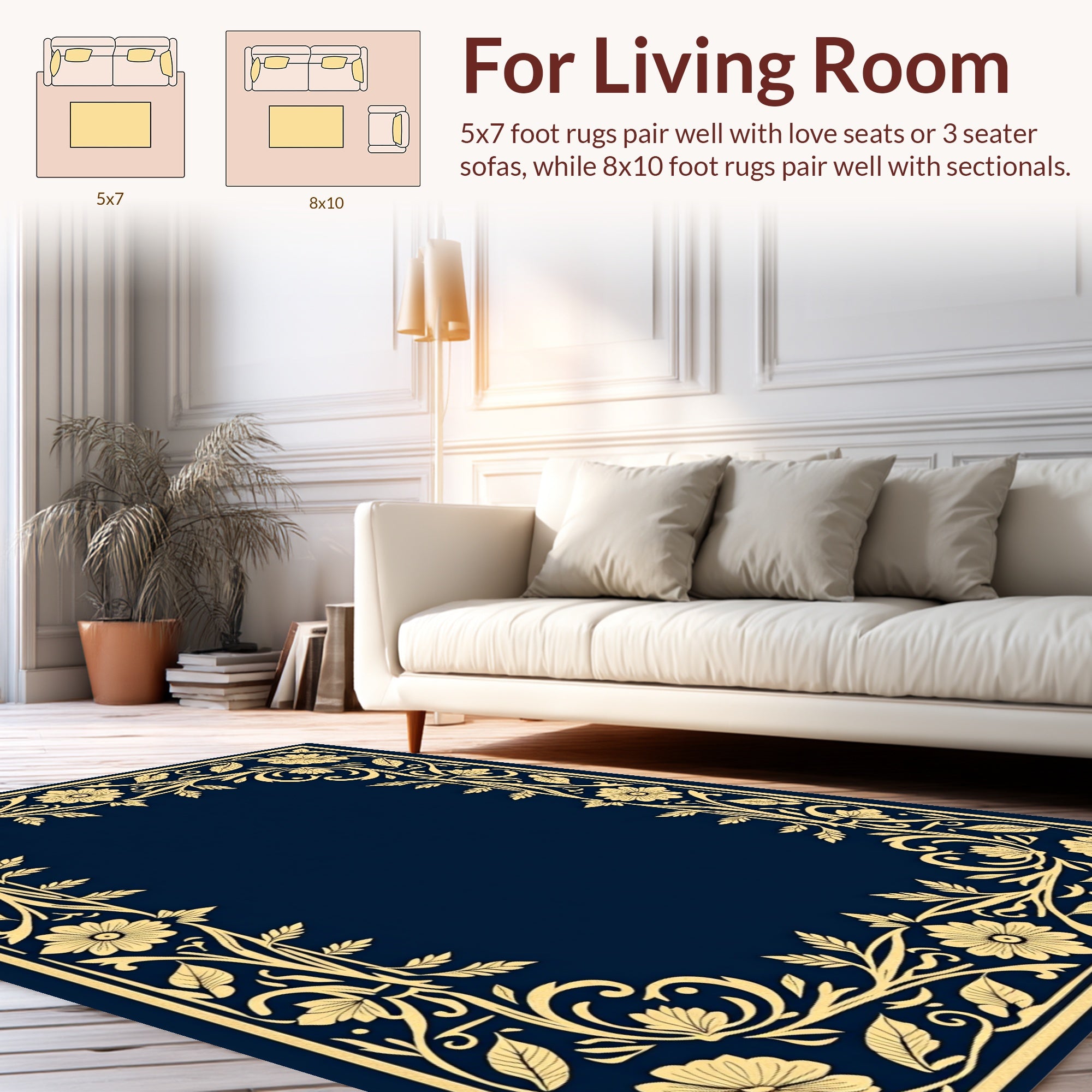 Golden Floral Border With Deep Blue Rug